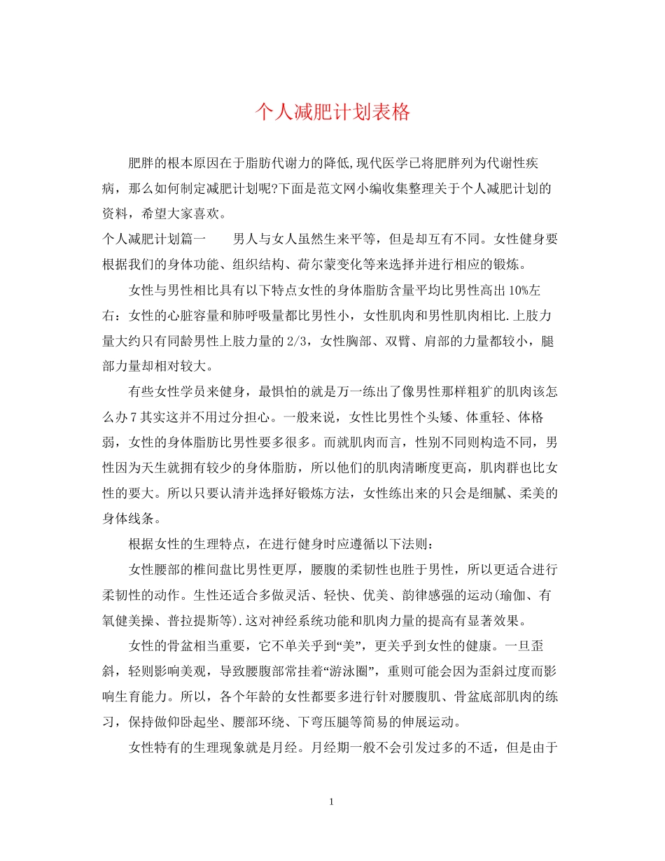个人减肥计划表格_第1页