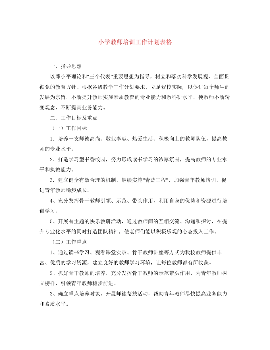 小学教师培训工作计划表格_第1页
