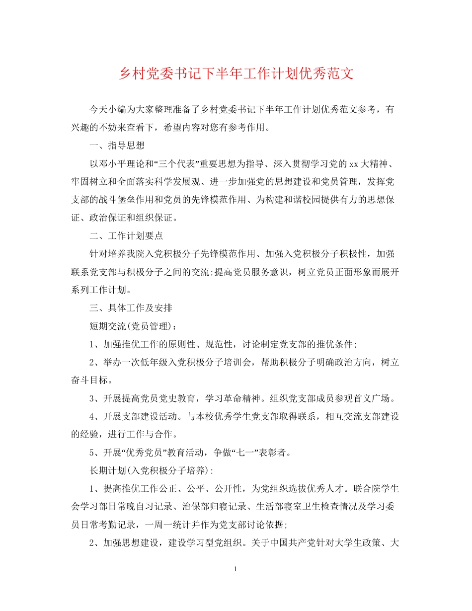 乡村党委书记下半年工作计划优秀范文_第1页