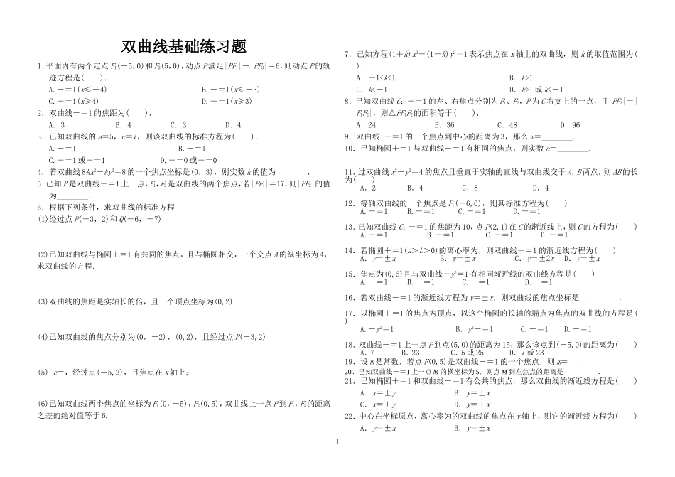 双曲线基础练习题_第1页