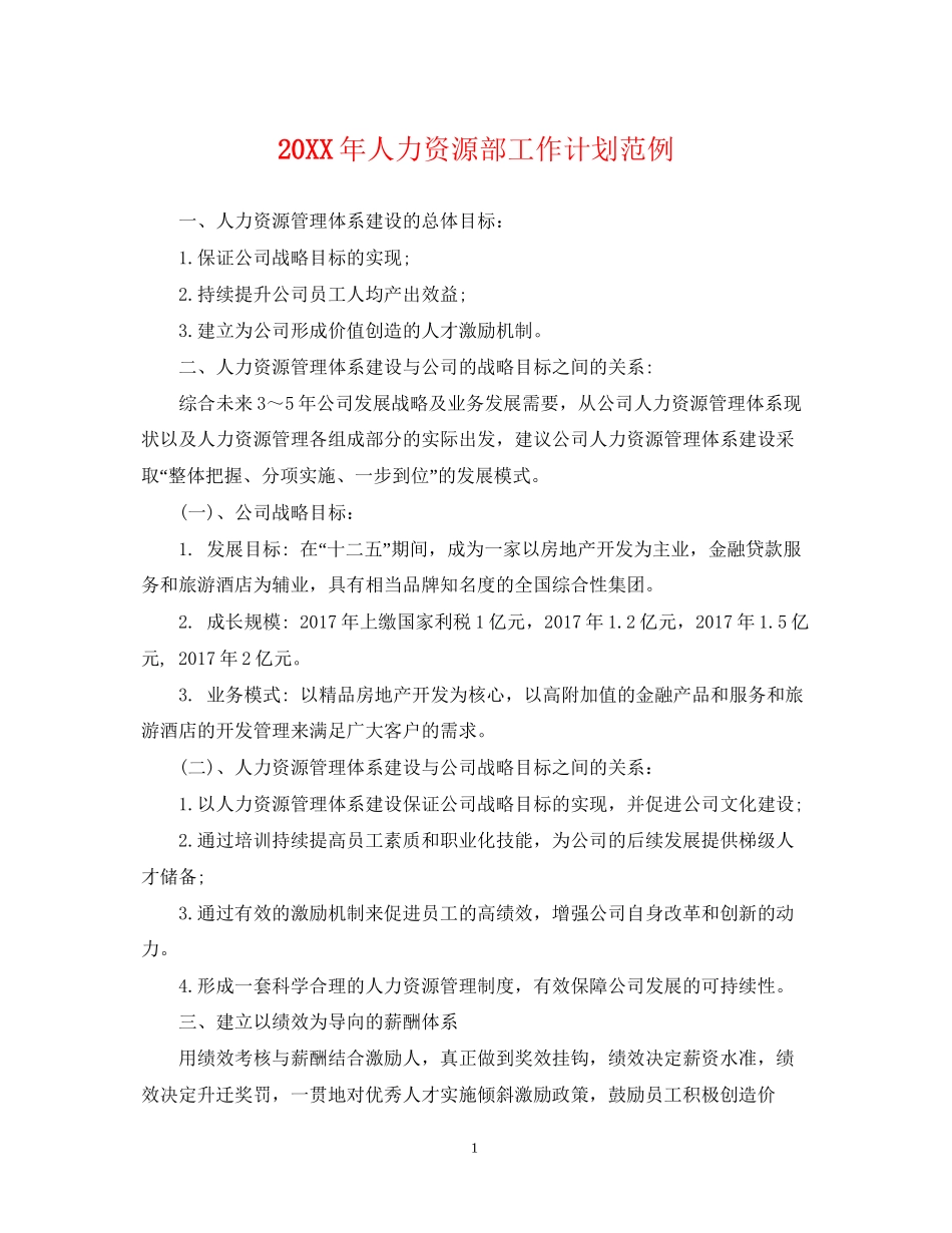 人力资源部工作计划范例_第1页