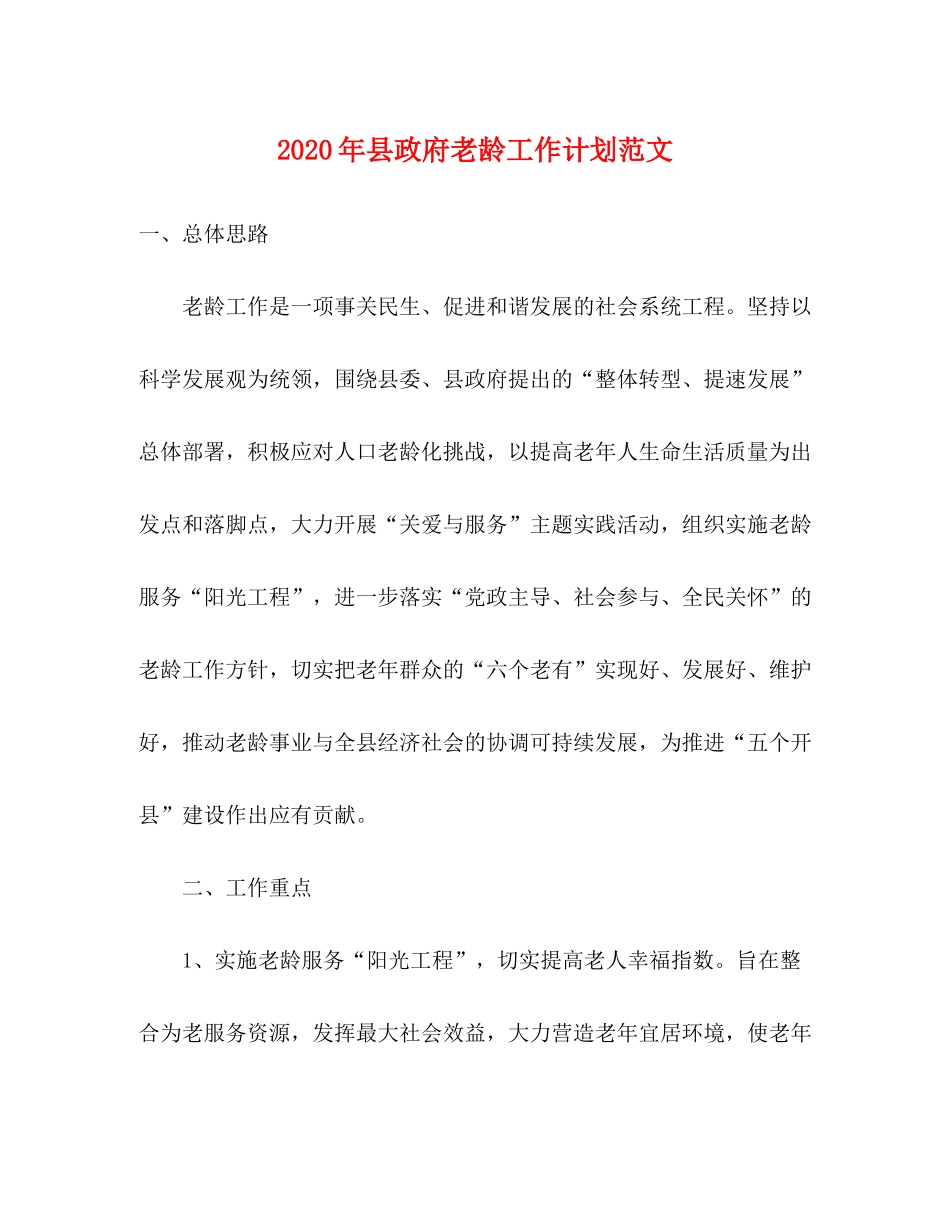 2020年县政府老龄工作计划范文_第1页