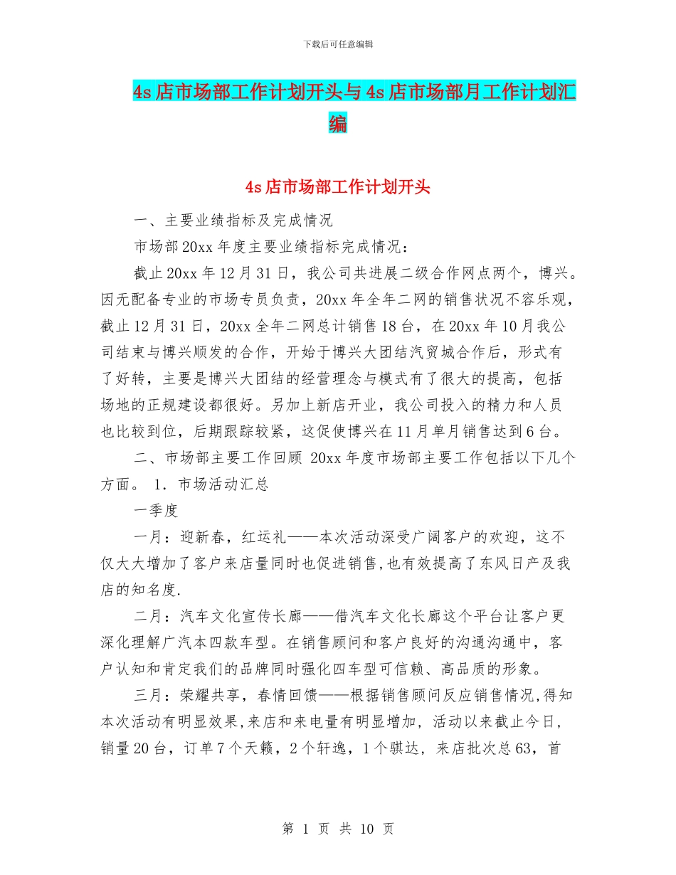 4s店市场部工作计划开头与4s店市场部月工作计划汇编_第1页