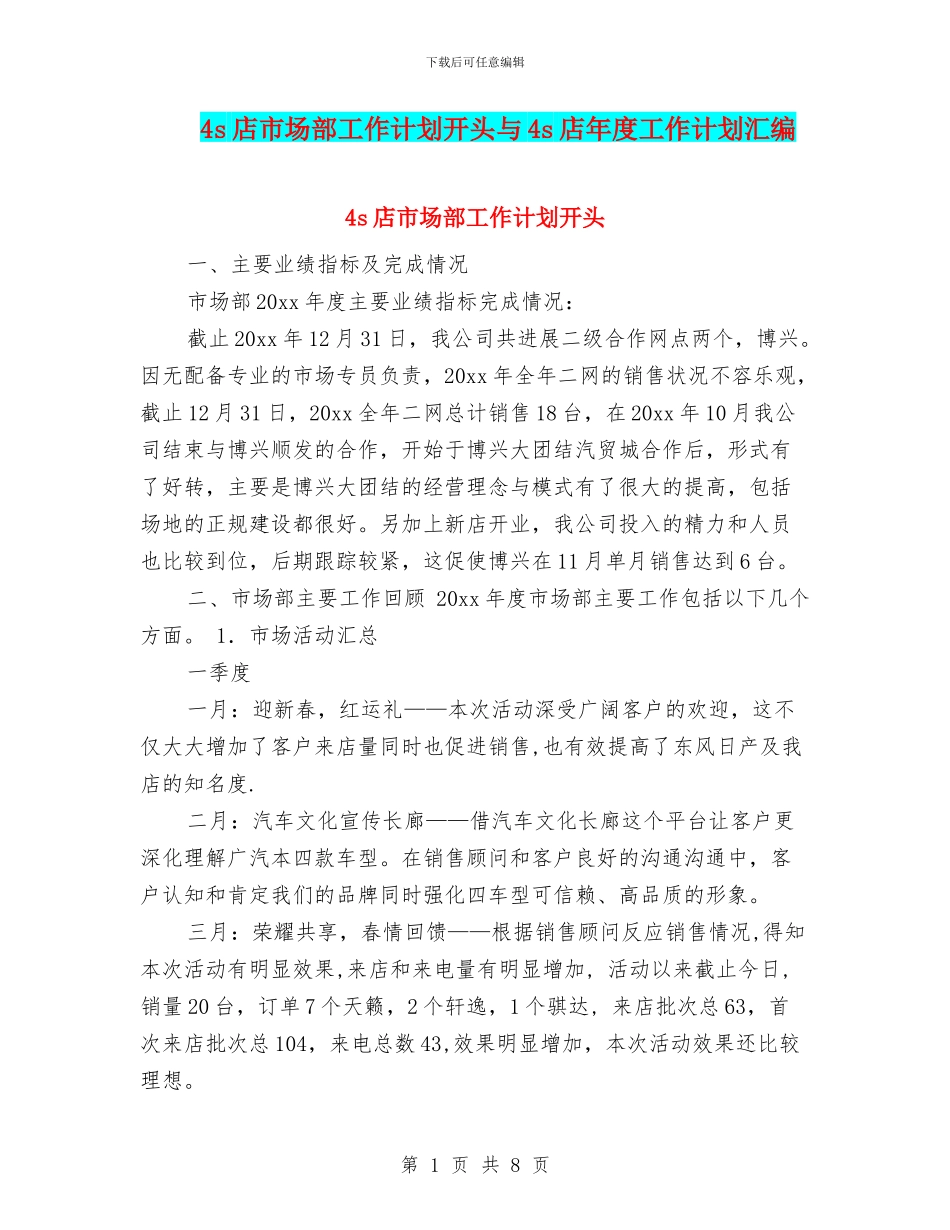 4s店市场部工作计划开头与4s店年度工作计划汇编_第1页