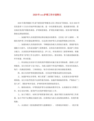 2020年ccu护理工作计划例文