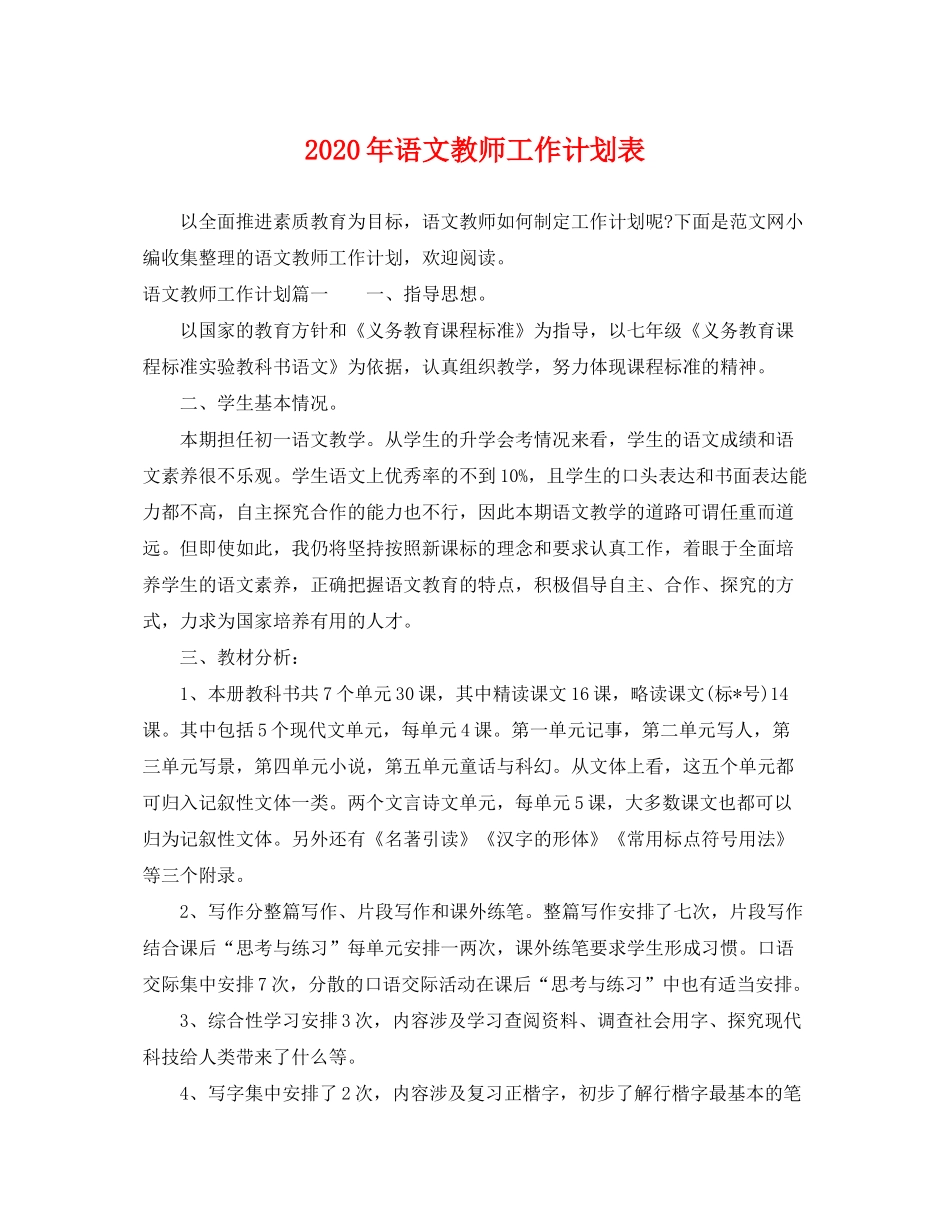 2020年语文教师工作计划表_第1页