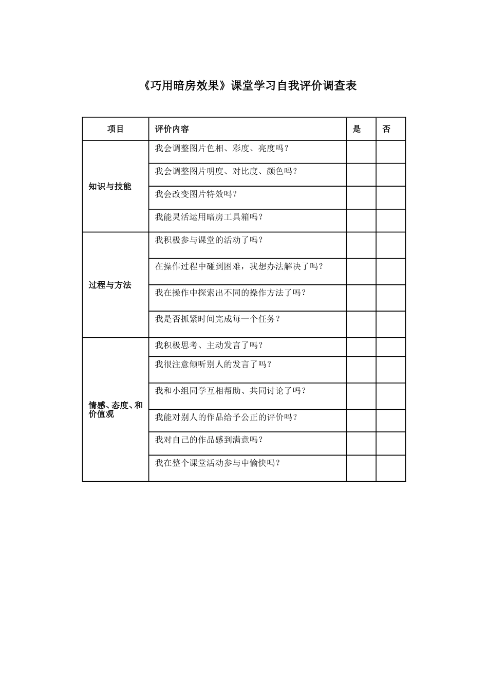 《巧用暗房效果》课堂学习自我评价调查表_第1页