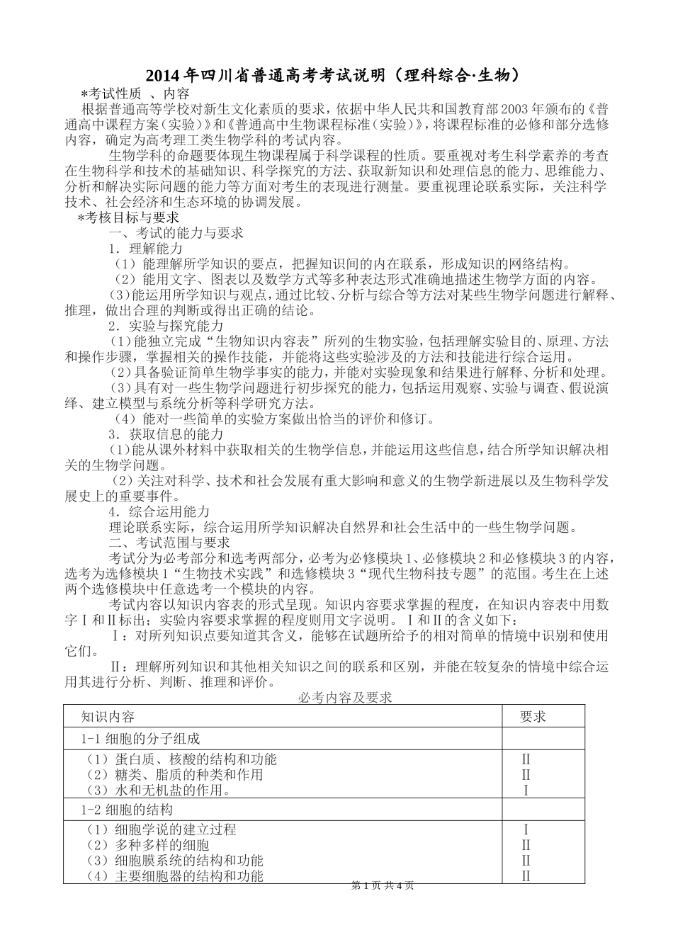 2014年四川省普通高考考试说明生物_第1页