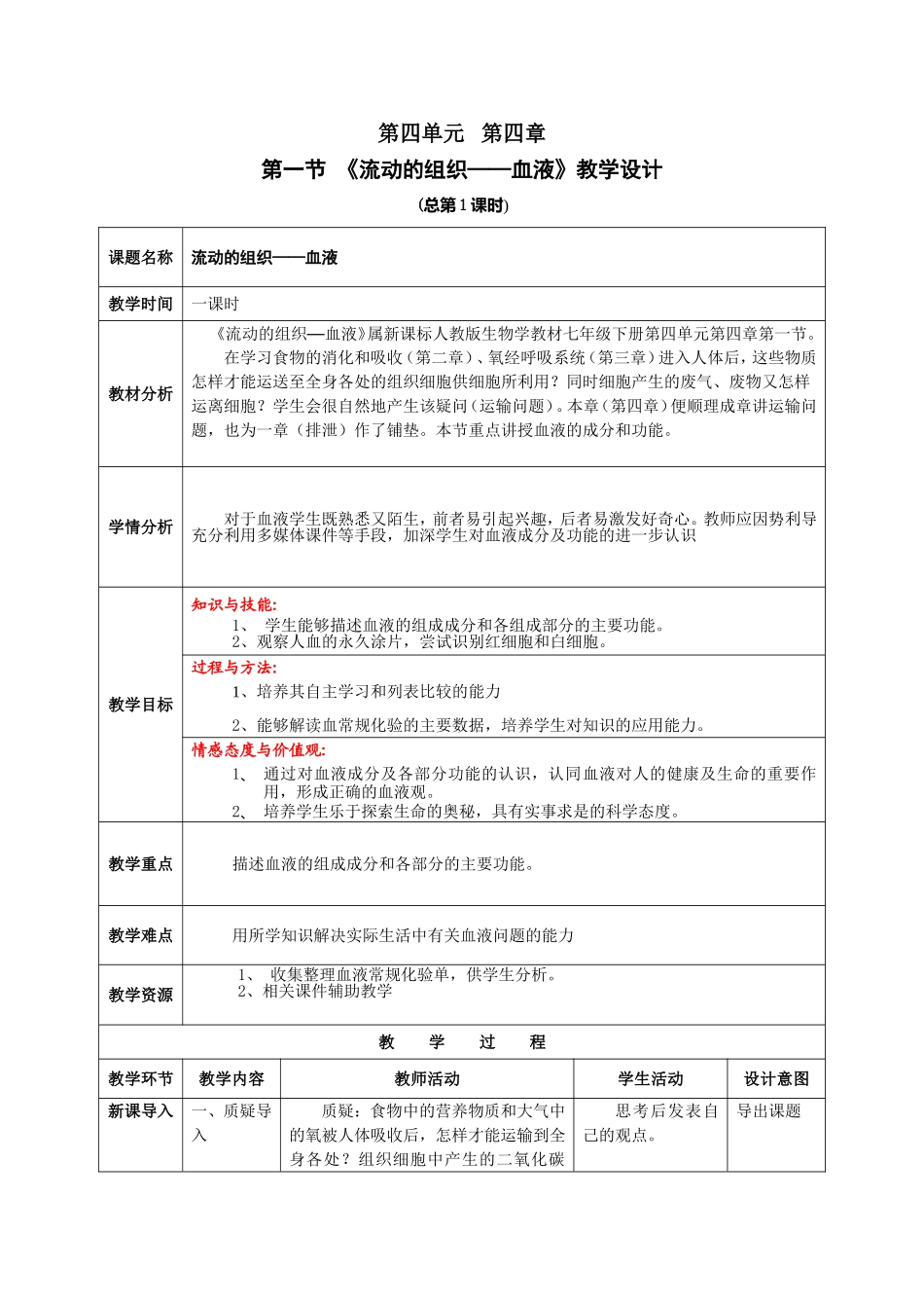 流动的组织血液教学设计_第1页
