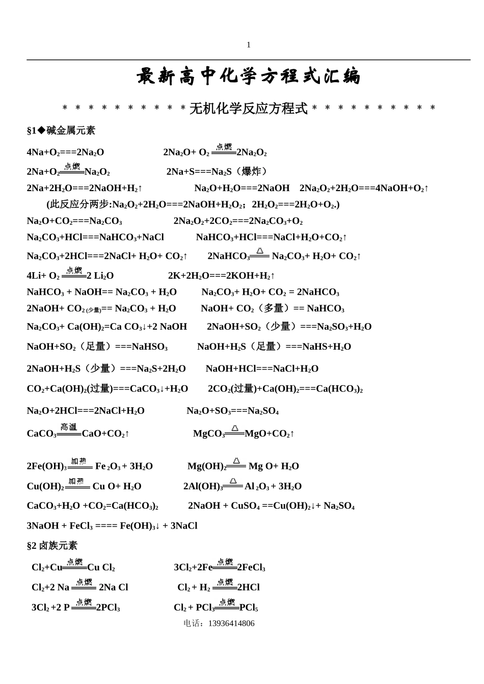 最新高中化学方程式汇编B5_第1页