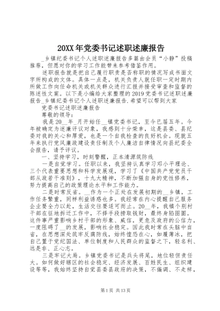 20XX年党委书记述职述廉报告