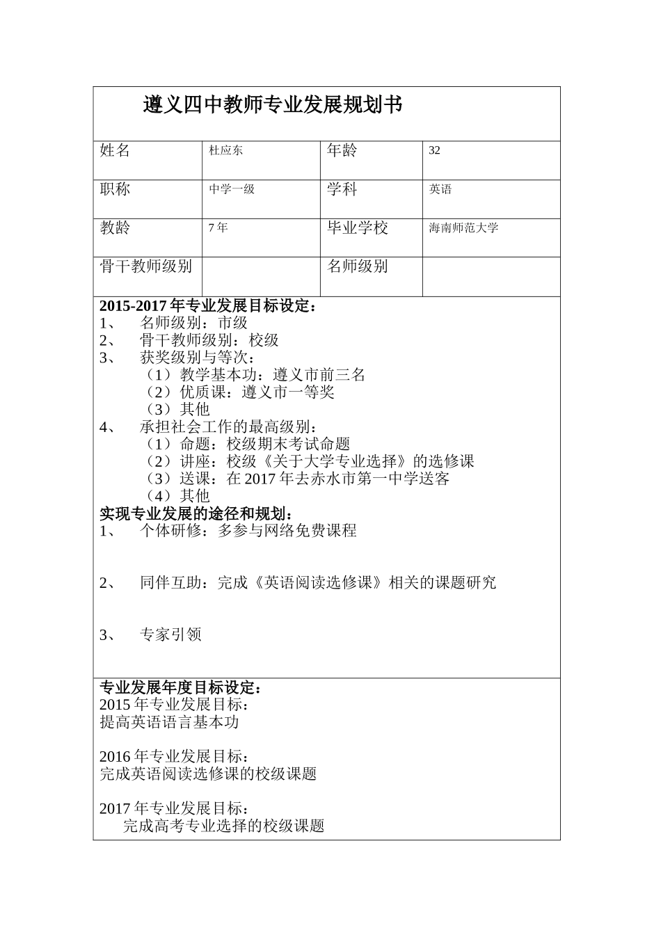 杜应东---遵义四中教师专业发展规划书_第1页