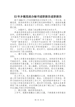 XX年乡镇党政办秘书述职报告述职报告