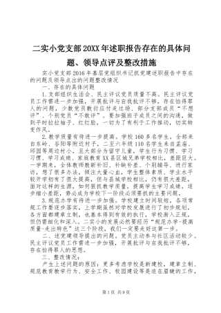 二实小党支部20XX年述职报告存在的具体问题、领导点评及整改措施