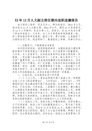 XX年12月人大副主席任期内述职述廉报告