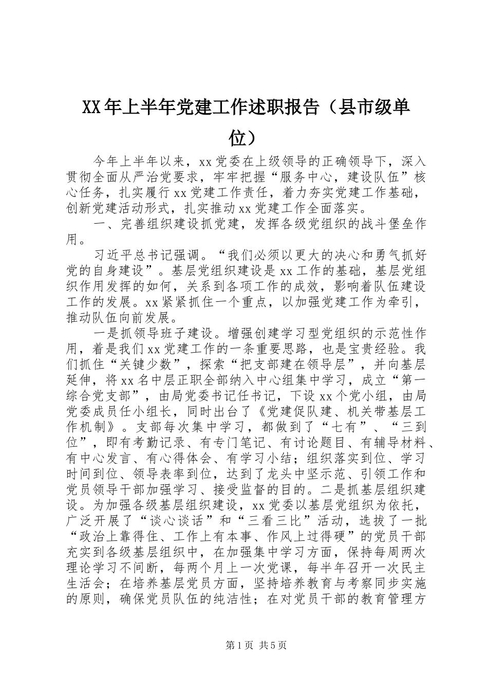 XX年上半年党建工作述职报告（县市级单位）_第1页