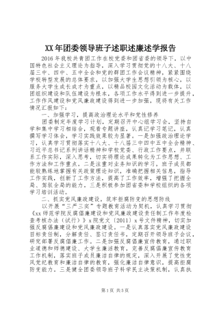 XX年团委领导班子述职述廉述学报告