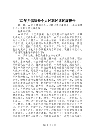 XX年乡镇镇长个人述职述德述廉报告