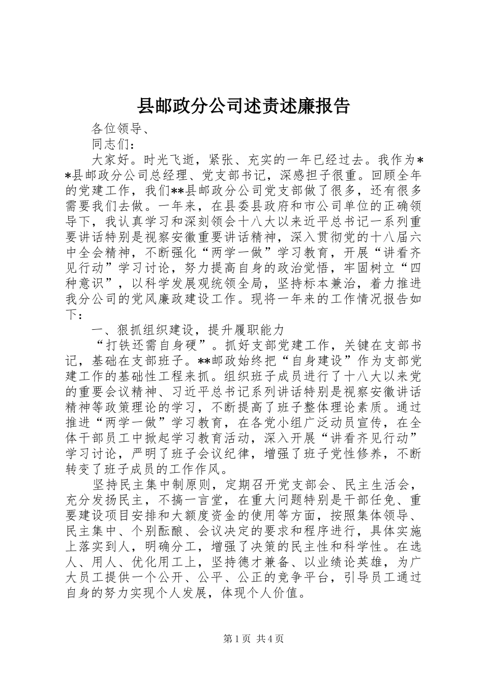 县邮政分公司述责述廉报告_第1页