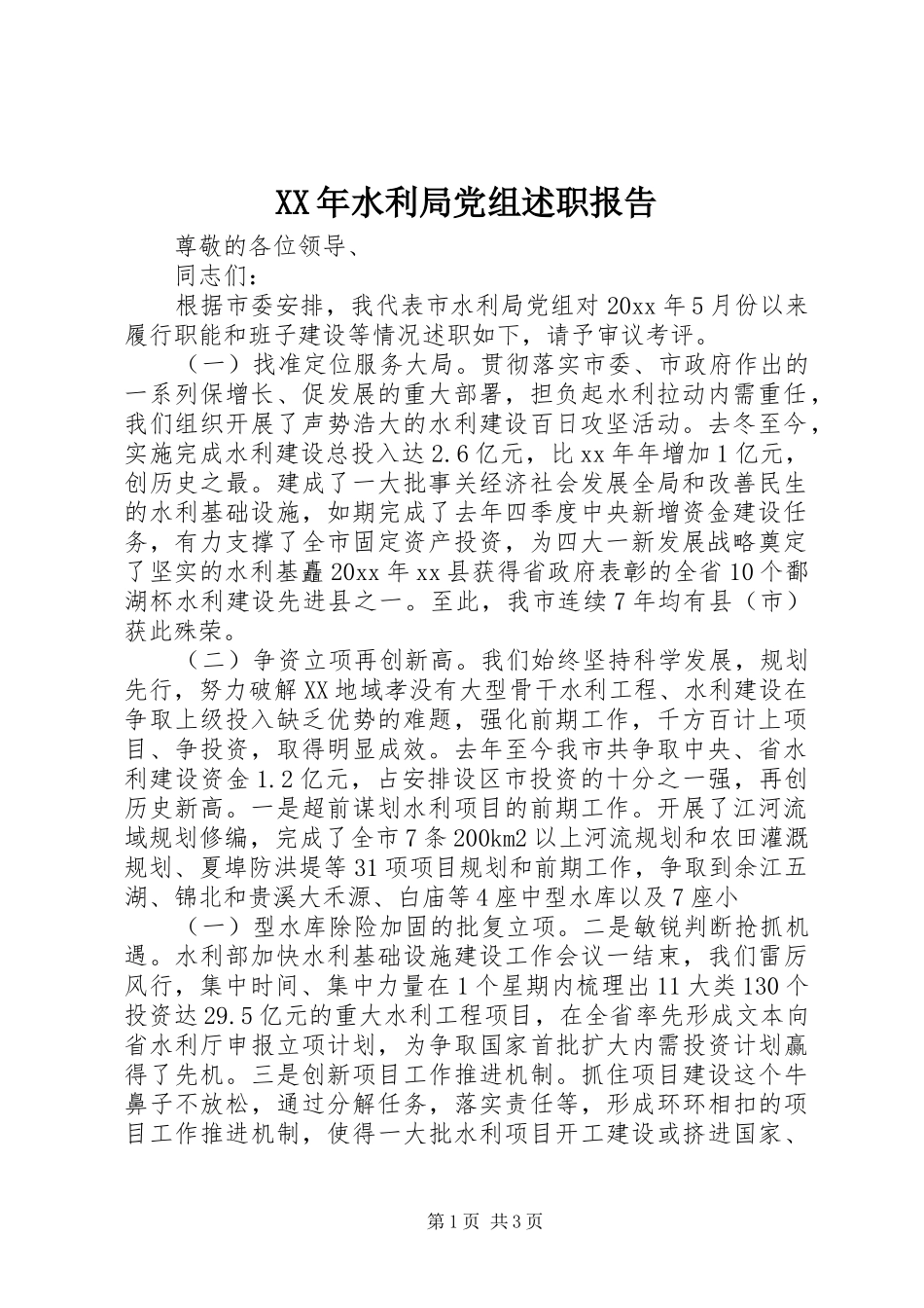 XX年水利局党组述职报告_第1页