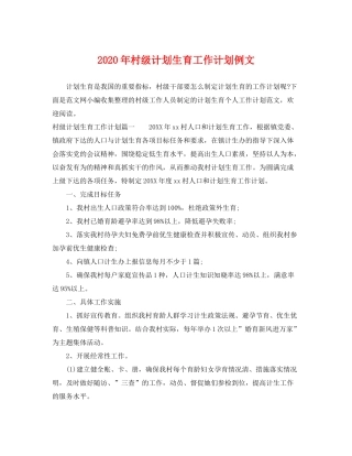 2020年村级计划生育工作计划例文