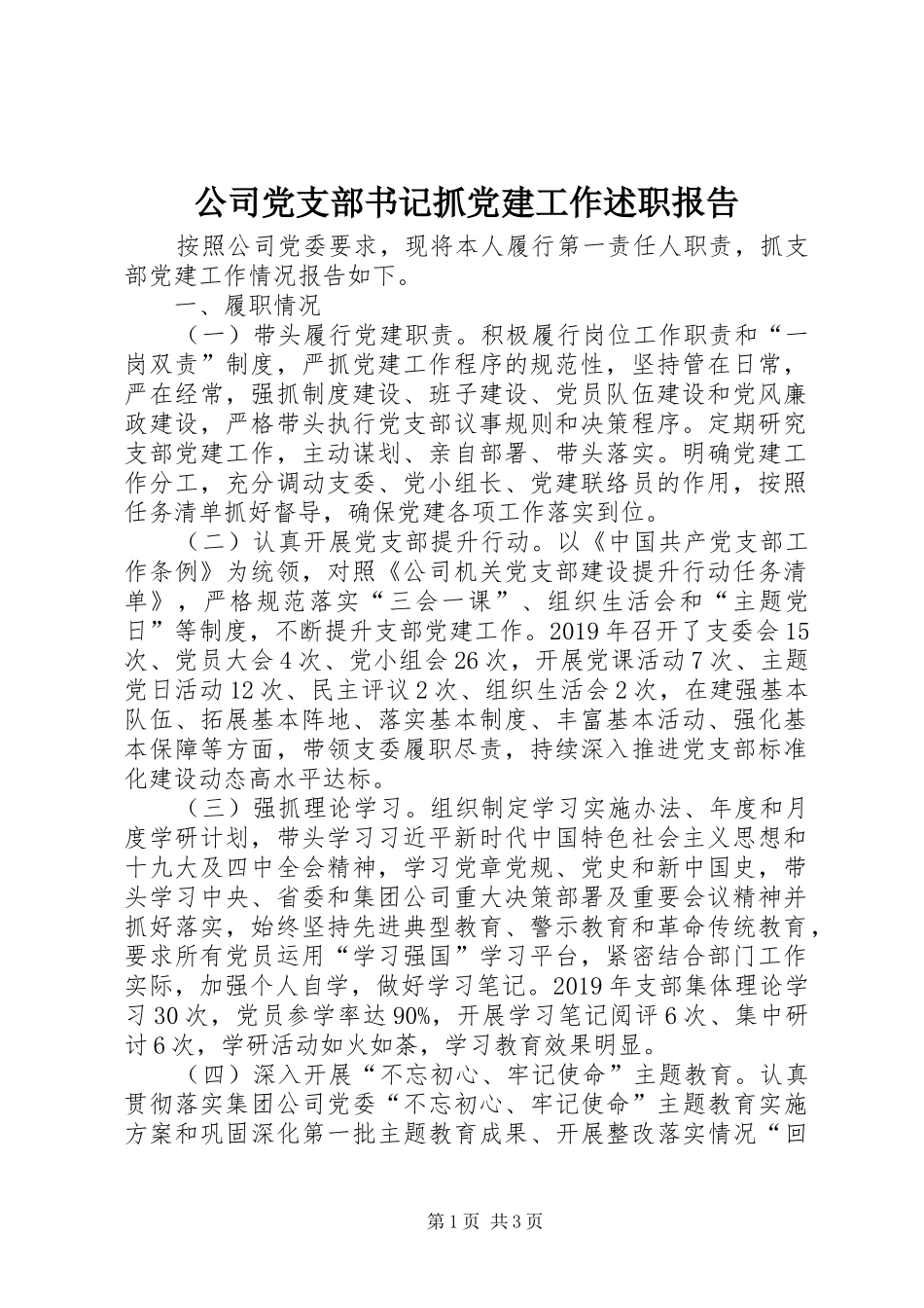 公司党支部书记抓党建工作述职报告_第1页