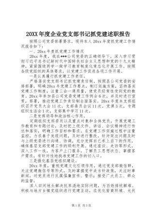 20XX年度企业党支部书记抓党建述职报告