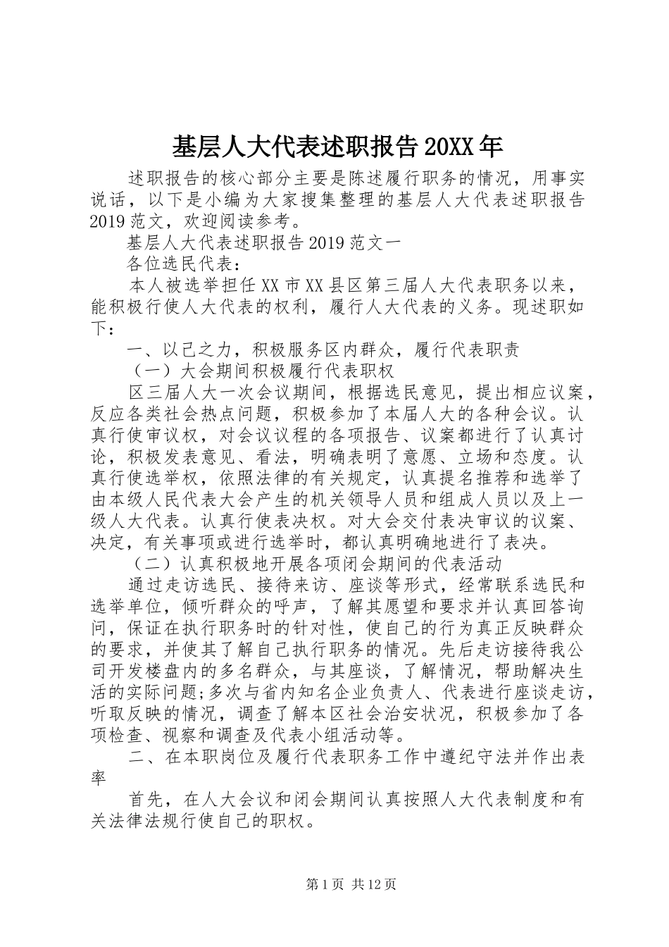 基层人大代表述职报告20XX年_第1页