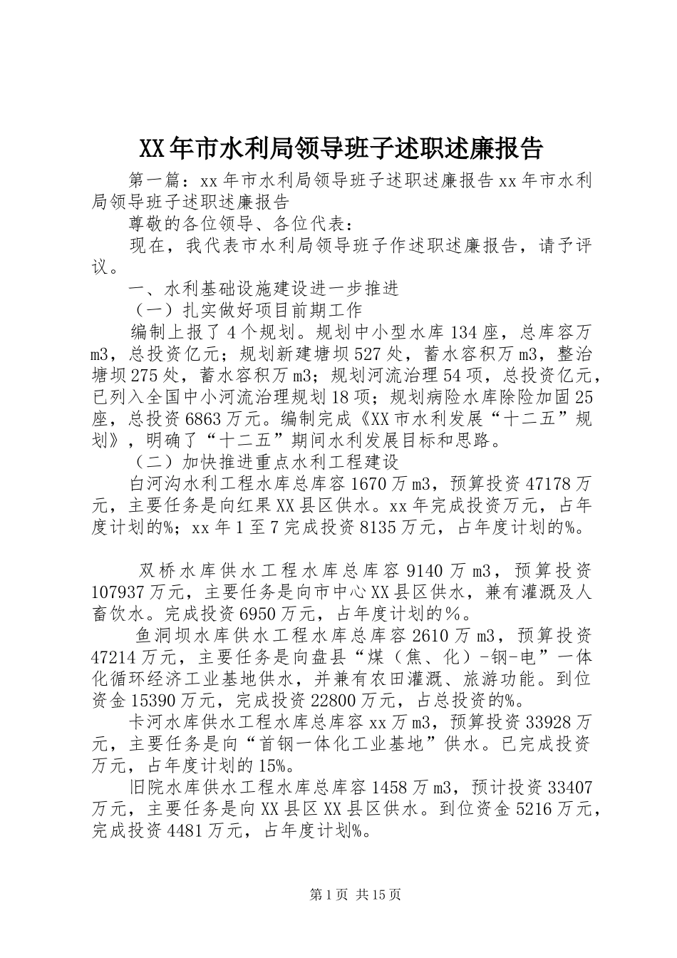 XX年市水利局领导班子述职述廉报告_第1页