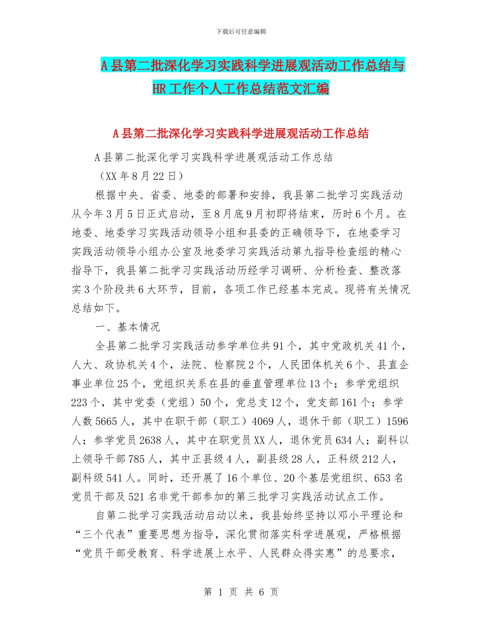 A县第二批深入学习实践科学发展观活动工作总结与HR工作个人工作总结范文汇编_第1页