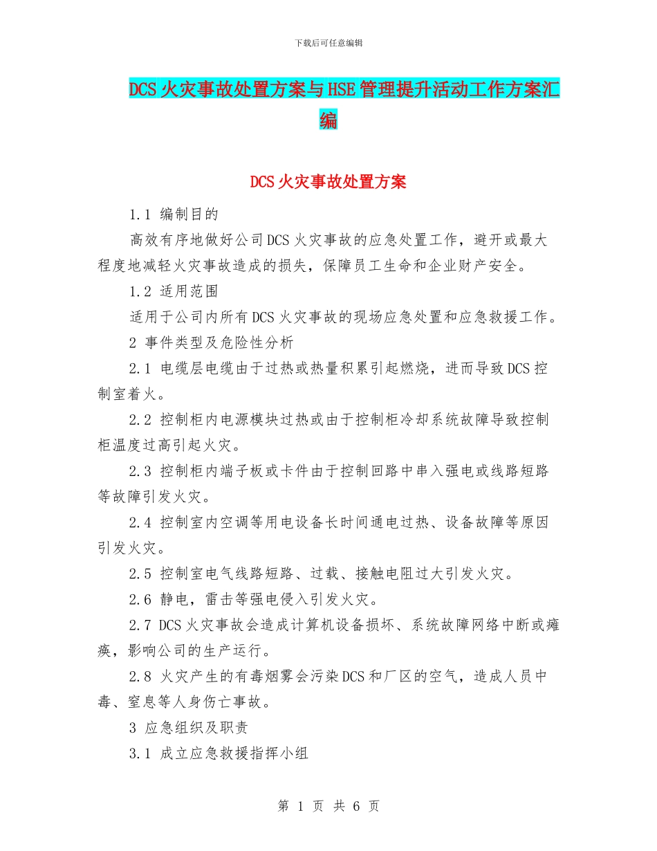 DCS火灾事故处置方案与HSE管理提升活动工作方案汇编_第1页