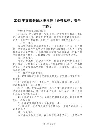 201X年支部书记述职报告（分管党建、安全工作）