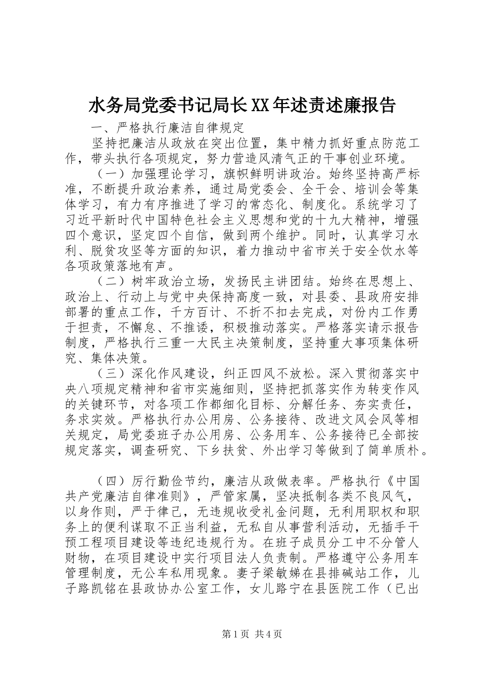 水务局党委书记局长XX年述责述廉报告_第1页