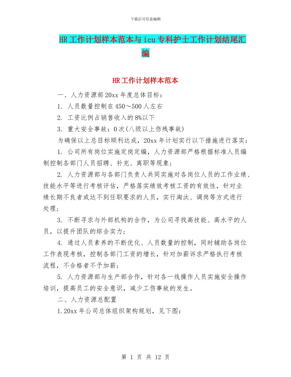 HR工作计划样本范本与icu专科护士工作计划结尾汇编_第1页