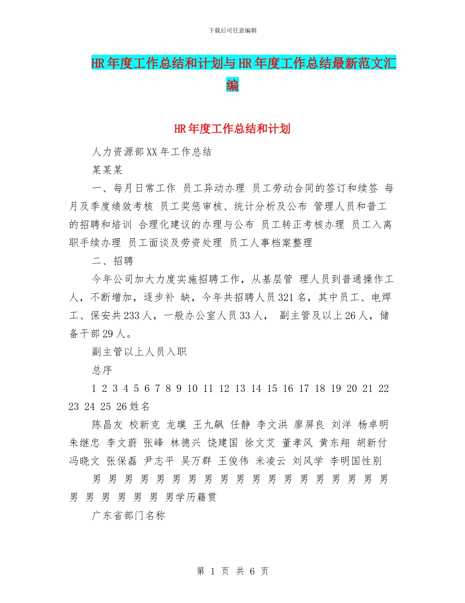 HR年度工作总结和计划与HR年度工作总结最新范文汇编_第1页