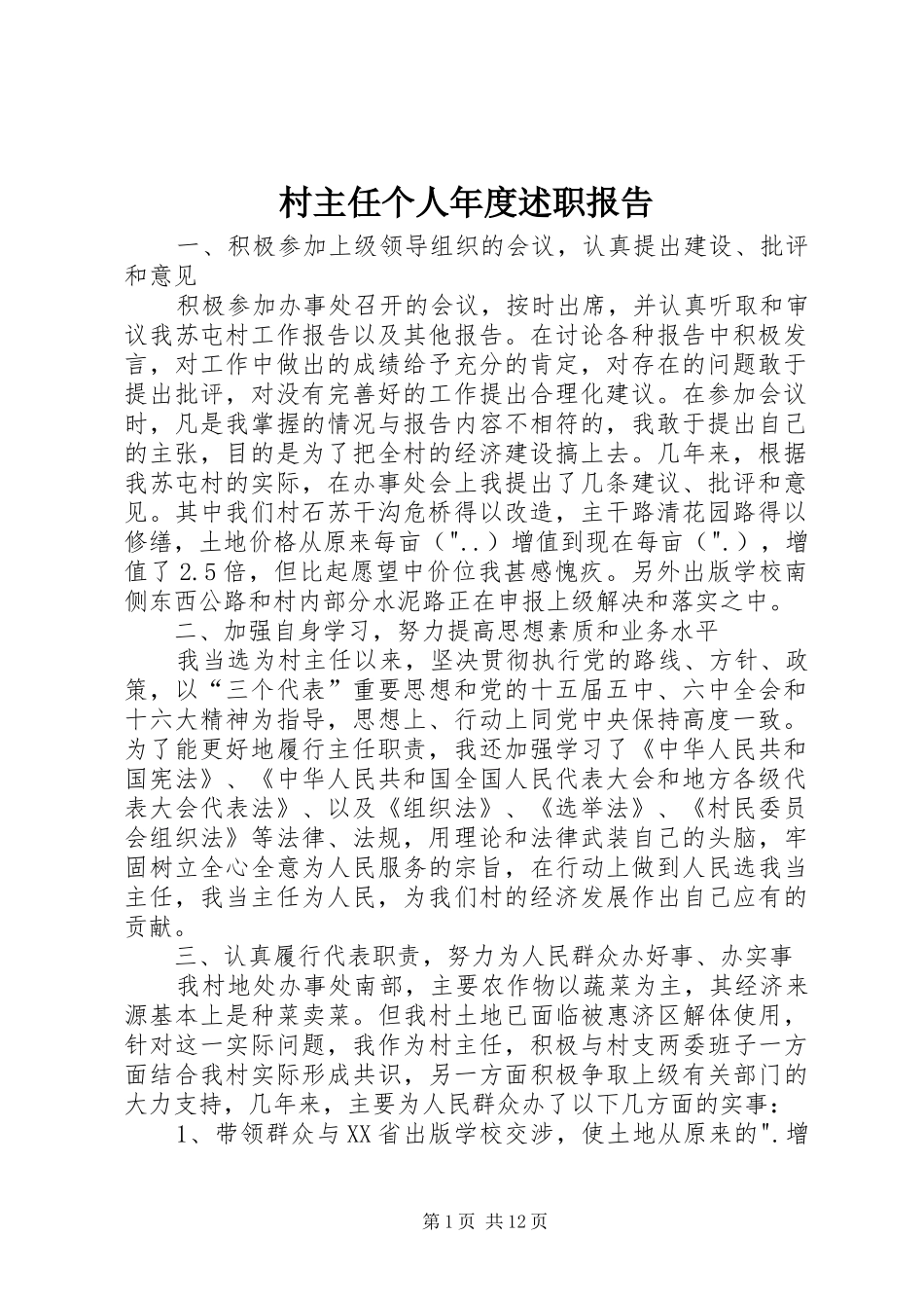 村主任个人年度述职报告_第1页
