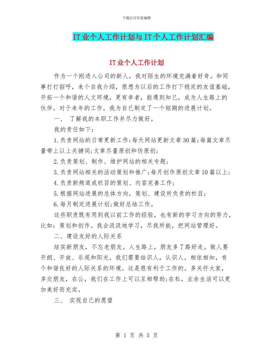 IT业个人工作计划与IT个人工作计划汇编_第1页