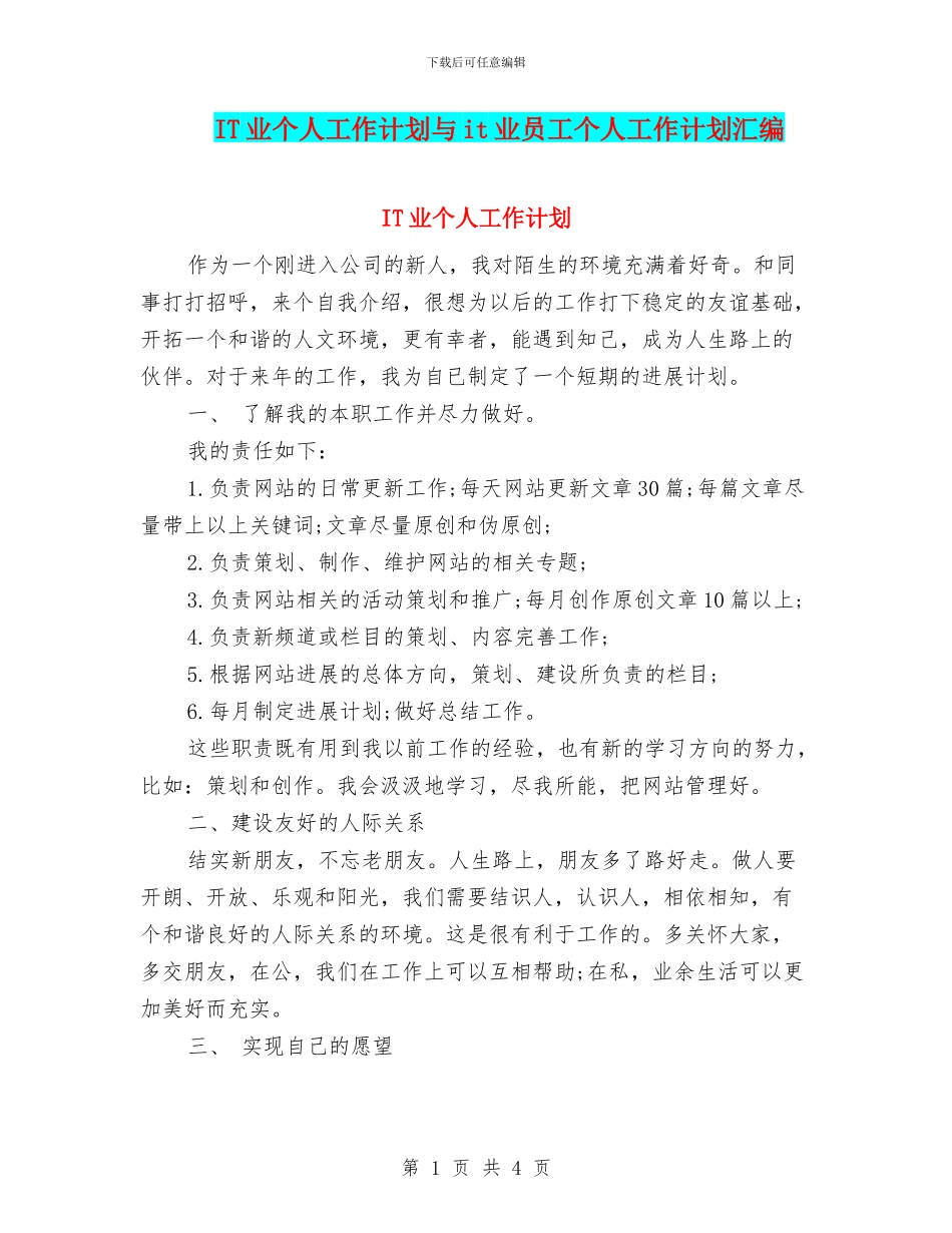 IT业个人工作计划与it业员工个人工作计划汇编_第1页