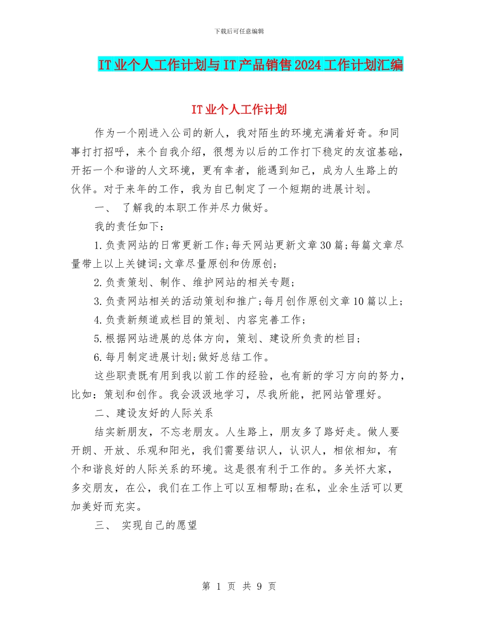 IT业个人工作计划与IT产品销售2024工作计划汇编_第1页