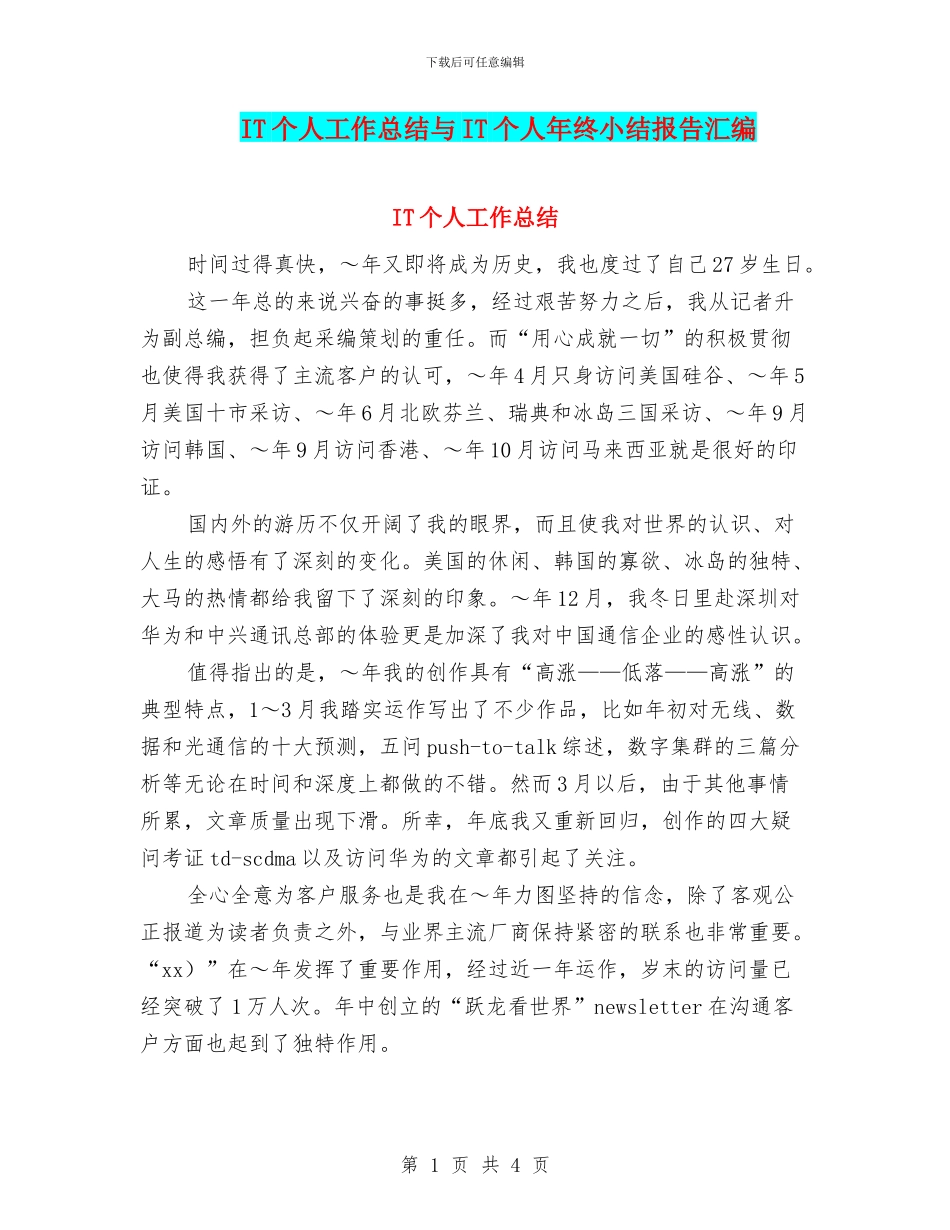 IT个人工作总结与IT个人年终小结报告汇编_第1页