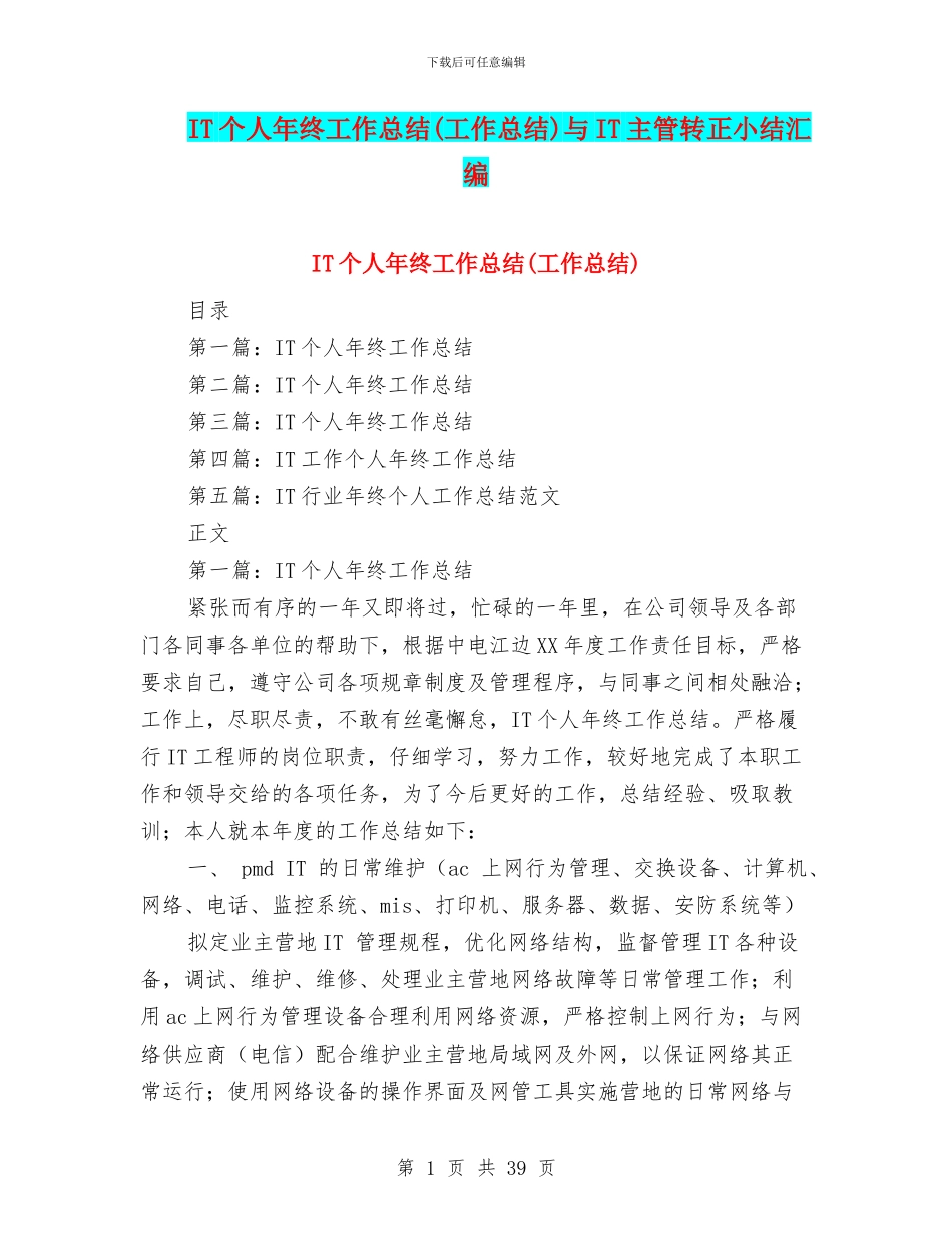 IT个人年终工作总结与IT主管转正小结汇编_第1页