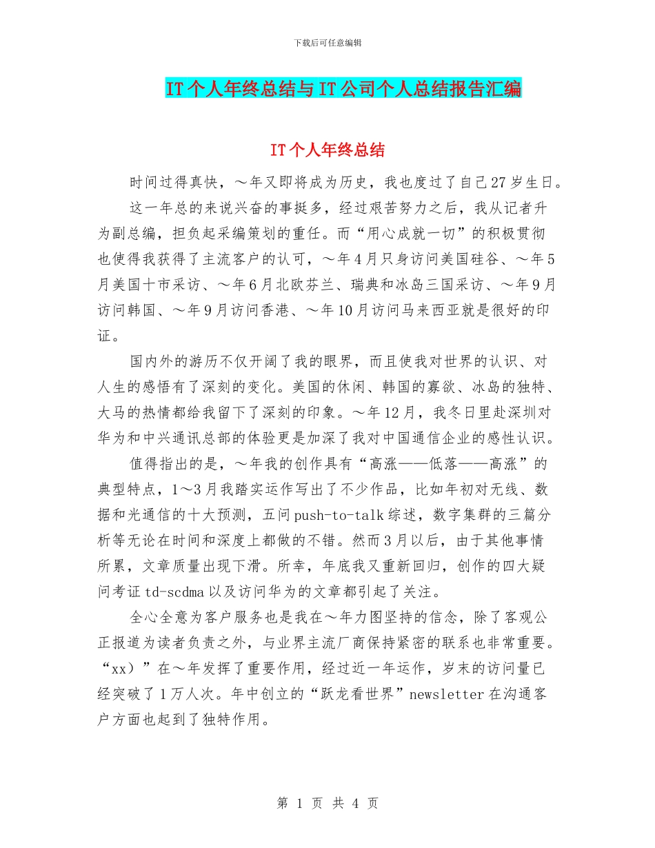 IT个人年终总结与IT公司个人总结报告汇编_第1页