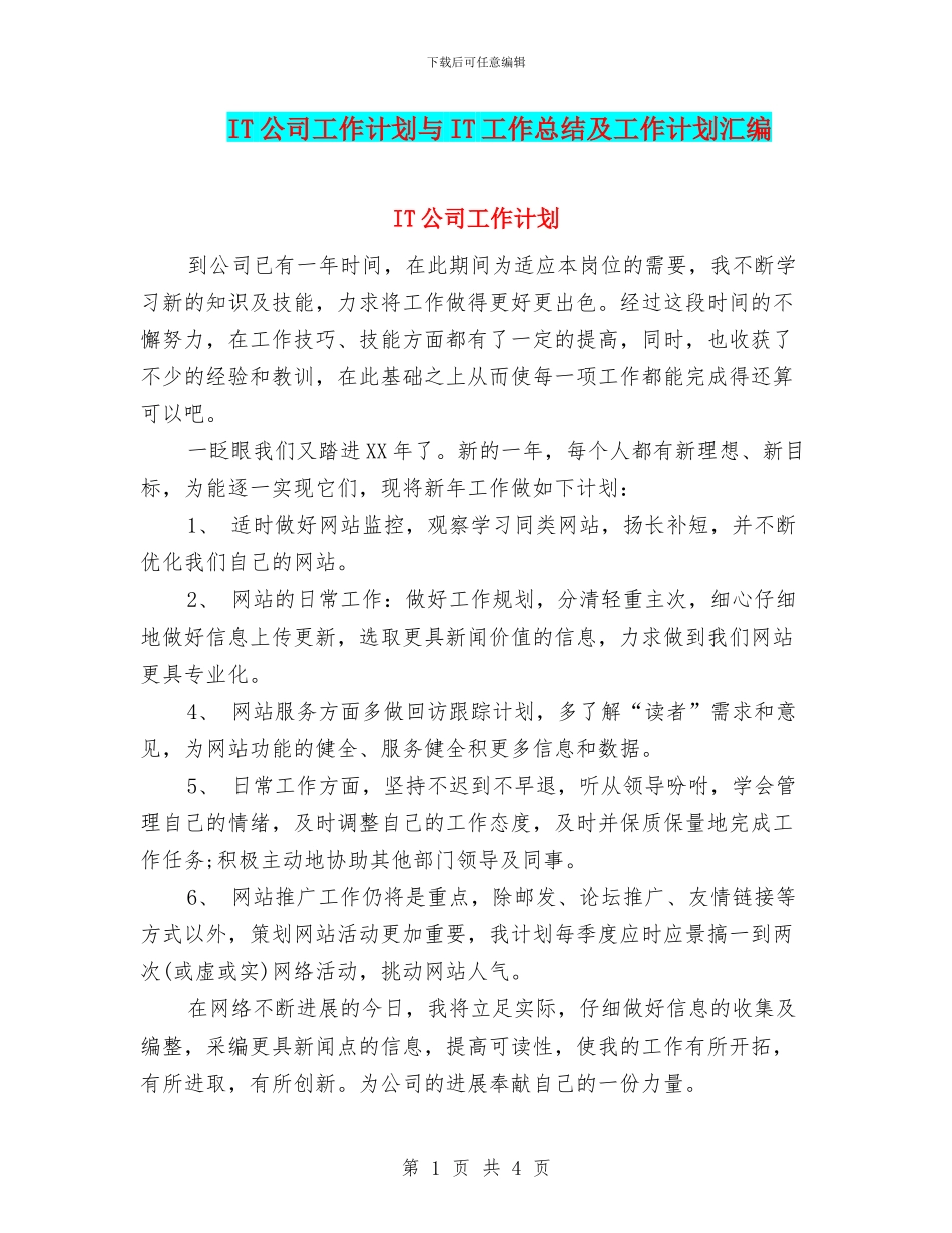 IT公司工作计划与IT工作总结及工作计划汇编_第1页