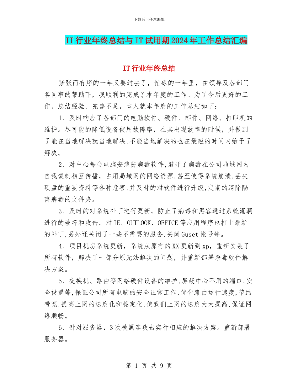 IT行业年终总结与IT试用期2024年工作总结汇编_第1页