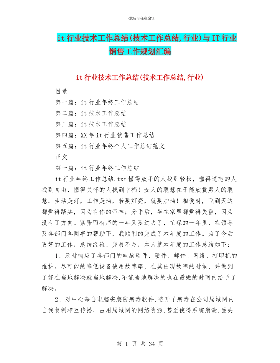 it行业技术工作总结与IT行业销售工作规划汇编_第1页