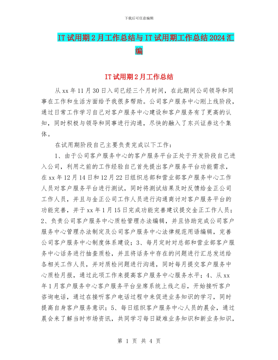 IT试用期2月工作总结与IT试用期工作总结2024汇编_第1页