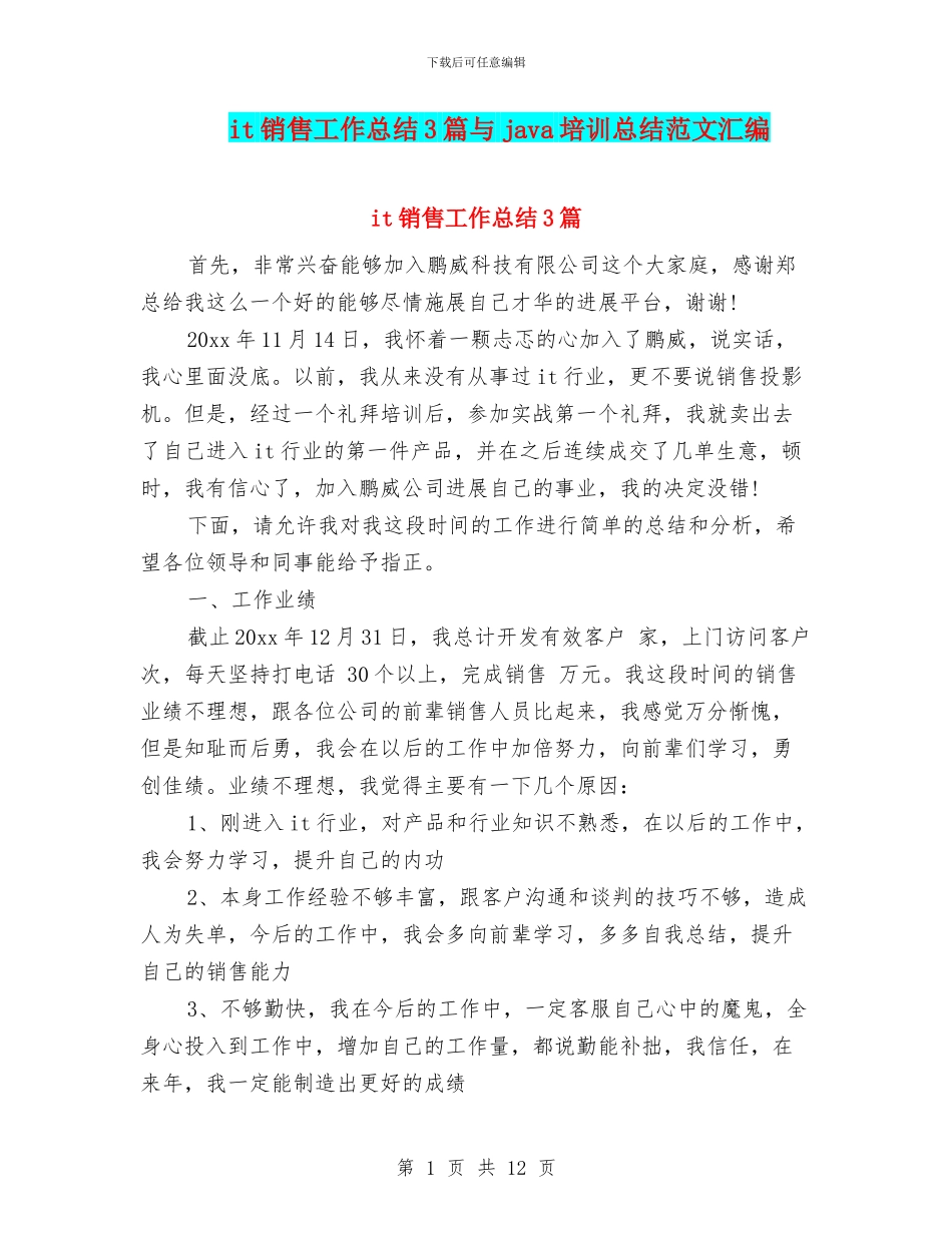 it销售工作总结3篇与java培训总结范文汇编_第1页