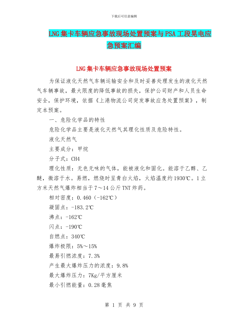 LNG集卡车辆应急事故现场处置预案与PSA工段晃电应急预案汇编_第1页