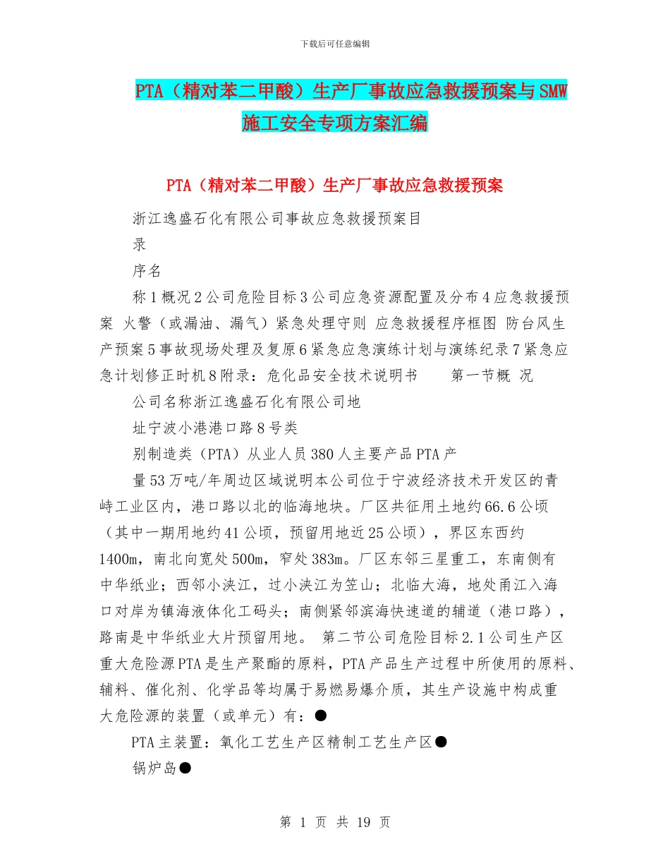 PTA生产厂事故应急救援预案与SMW施工安全专项方案汇编_第1页