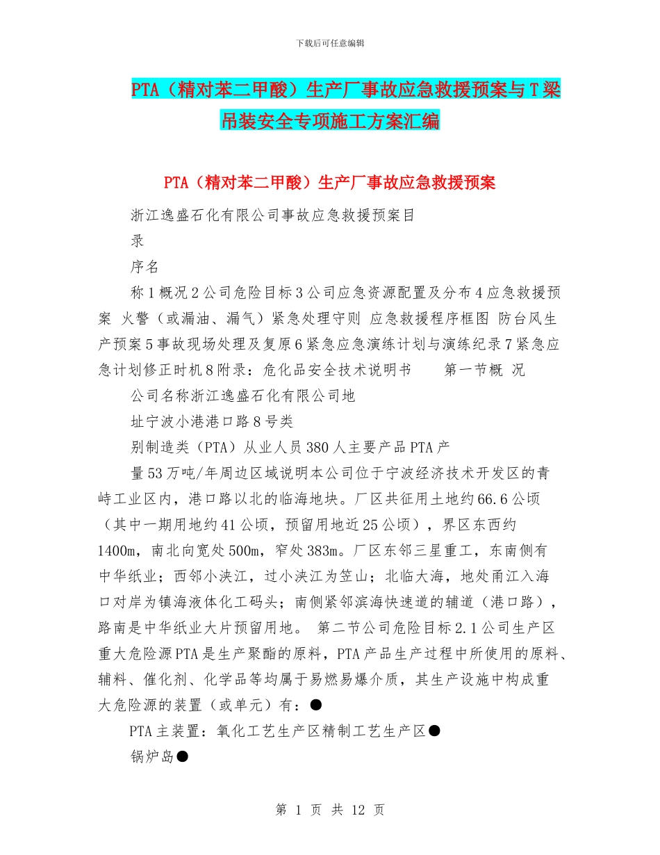 PTA生产厂事故应急救援预案与T梁吊装安全专项施工方案汇编_第1页